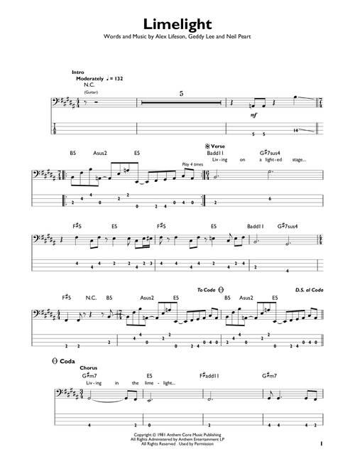 Limelight - Rush (Easy Bass Tab)