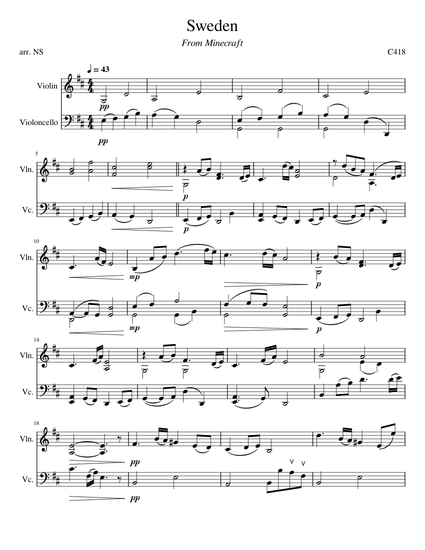 Sweden – C418 Sheet Music for Violin, Cello (String Duet