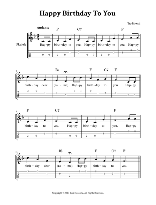 Happy Birthday To You - For Ukulele (F Major - with TAB, Chords and Lyrics) (Arr. Yuri Noronha) - Traditional (Ukulele)