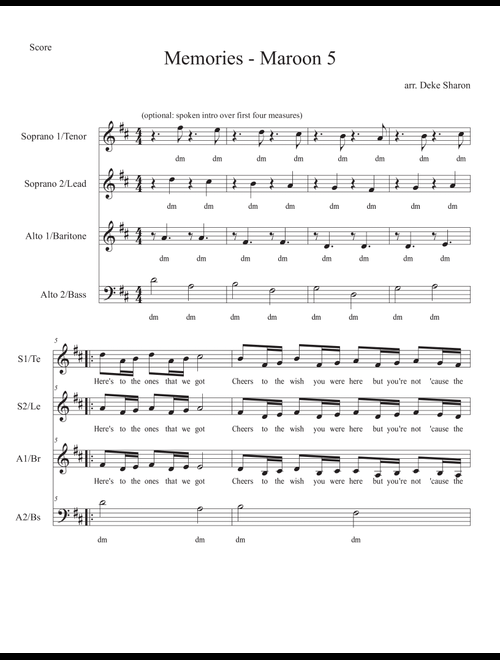 Memories (Arr. Deke Sharon) - Maroon 5 (Choral, SSAA)