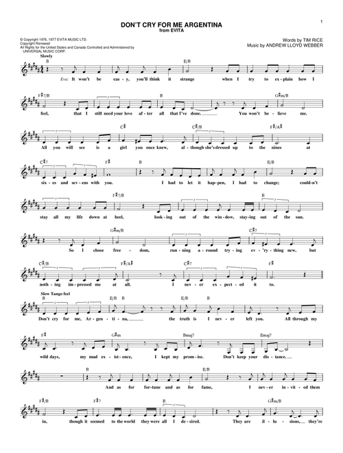 Don't Cry For Me Argentina - Andrew Lloyd Webber, Madonna (Lead Sheet - Fake Book)