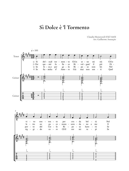 Si Dolce è ´l Tormento (Easy Guitar & Vocal) (Arr. Guilherme Assunção) - Claudio Monteverdi (Guitar Tab with Voice)