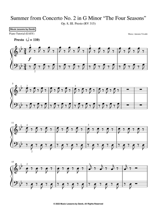 Summer from Concerto No. 2 in G Minor “The Four Seasons” (EASY PIANO) Op. 8, III. Presto (RV 315) (Arr. Darek) - Antonio Vivaldi (Easy Piano)