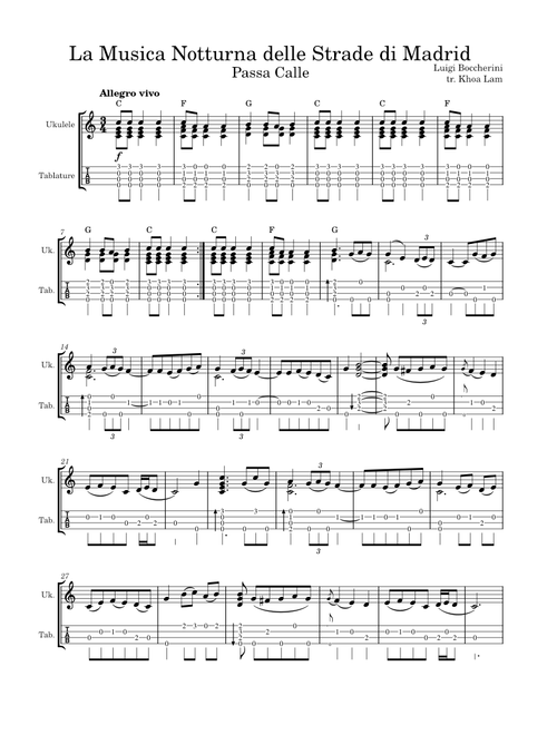 La Musica Notturna delle strade di Madrid – Luigi Boccherini - Passa Calle for Ukulele