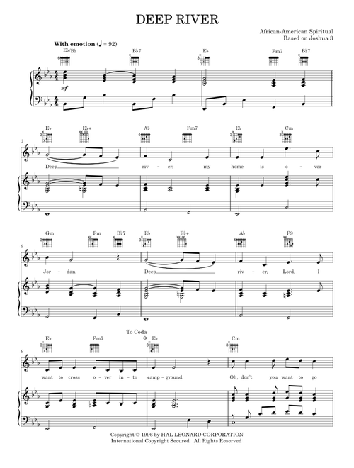 Deep River - African-American Spiritual (Piano-Vocal-Guitar)