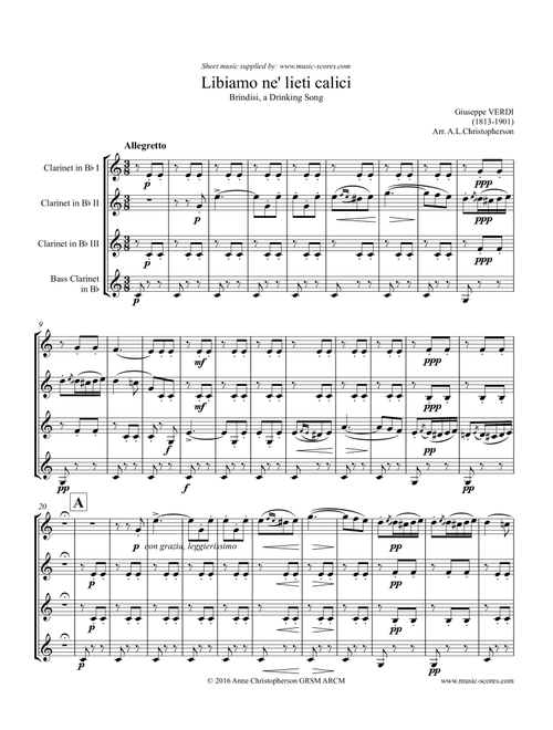 Verdi: Libiamo ne lieti calici - Brindisi from La Traviata - 3 Clarinets and Bass Clarinet (Arr. Anne Christopherson GRSM ARCM) - Verdi Giuseppe (Clarinet Solo)