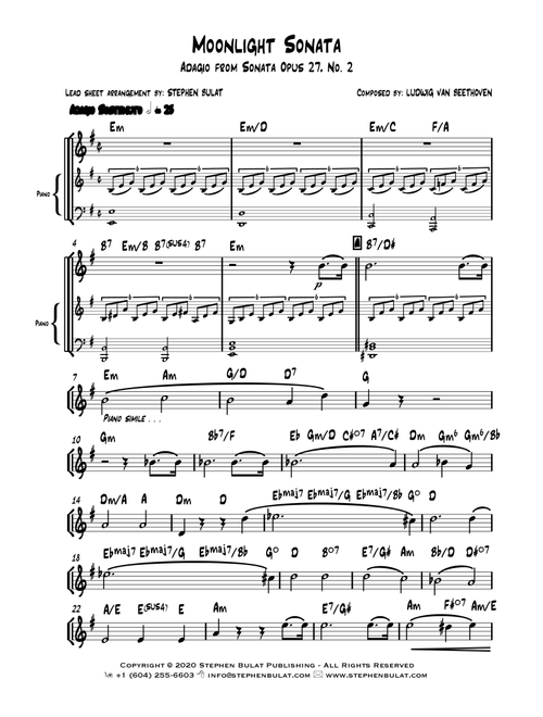 Moonlight Sonata - Adagio from Sonata Opus 27 No. 2 (Beethoven) - Lead sheet (key of E minor) (Arr. Stephen Bulat) - Ludwig van Beethoven (Large Ensemble)