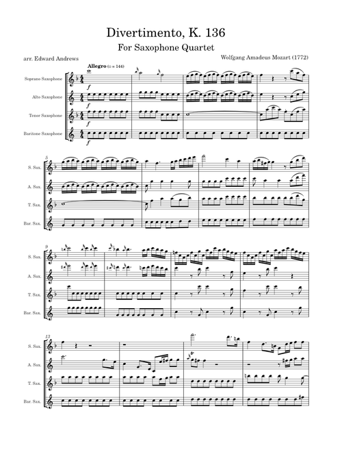 Mozart: Divertimento, K. 136 for Saxophone Quartet