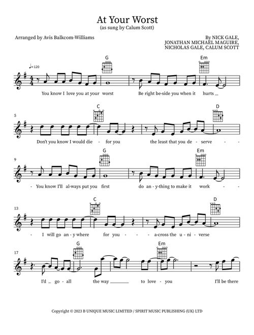At Your Worst (Arr. Avis Balkcom-Williams) - Calum Scott (Lead Sheet - Fake Book)
