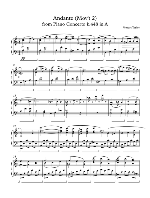 Mozart, K.488, Mov't 2 (first theme) transp. to a-minor (Arr. Paul Taylor) (Piano Solo)