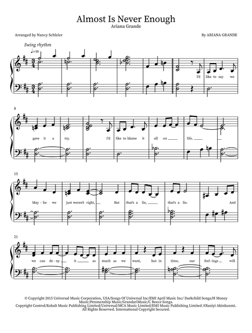 Almost Is Never Enough (Arr. Nancy Schleier) - Ariana Grande Featuring Nathan Skykes (Piano Solo)