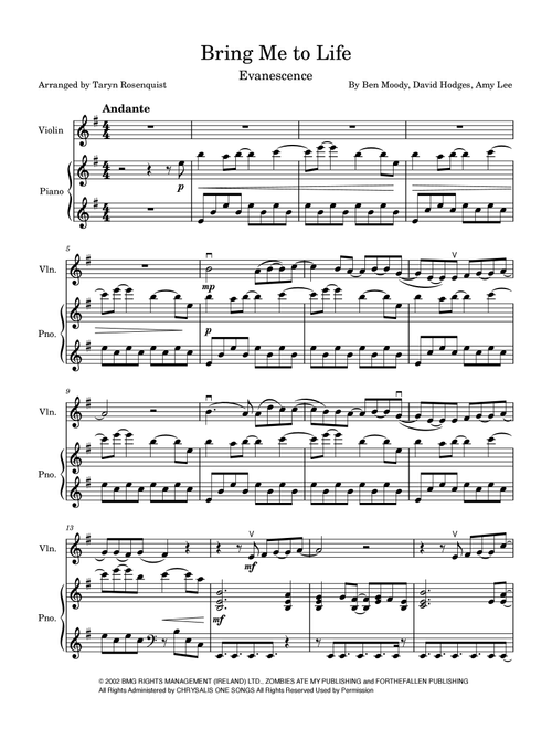 Bring Me To Life (Arr. Taryn Rosenquist) - Evanescence (Violin and Piano)