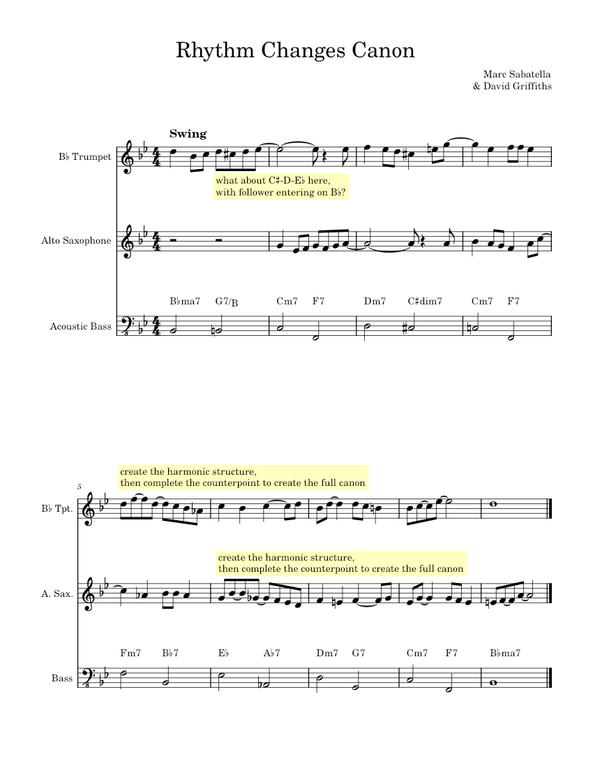 RhythmChangesCanon2_DG3 Sheet music for Saxophone alto, Trumpet in bflat, Bass guitar (Mixed