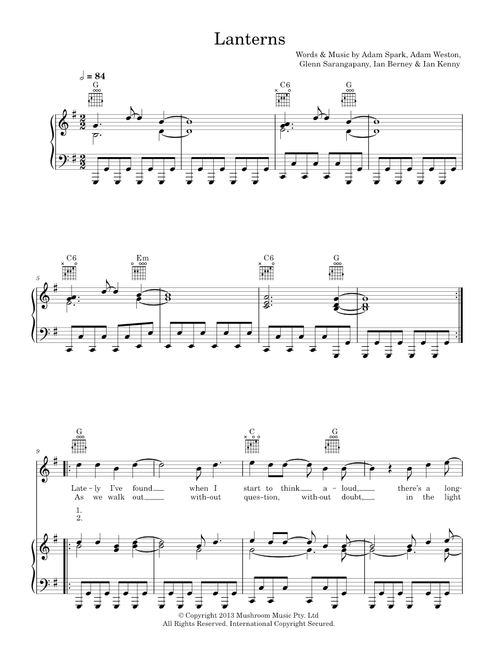Lanterns - Birds Of Tokyo (Piano-Vocal-Guitar (Piano Accompaniment))