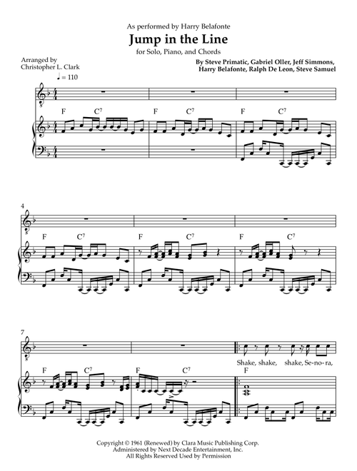 Jump In The Line (Arr. Christopher L Clark) - Harry Belafonte (Piano-Vocal-Guitar (Piano Accompaniment))