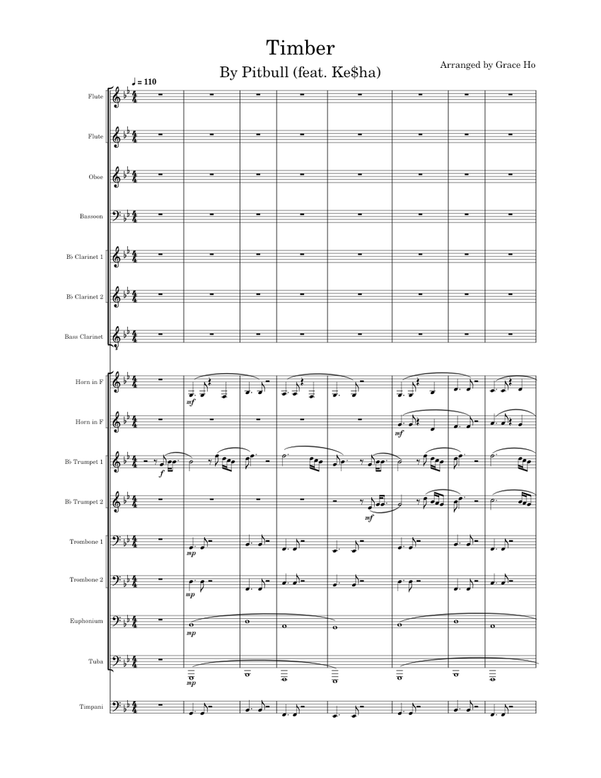 Timber – Pitbull Featuring Ke$ha Sheet Music for Trombone, Euphonium ...