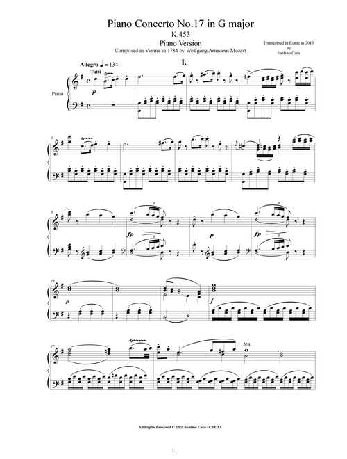 Mozart - Piano Concerto No.17 in G major K.453 - Piano Version (Arr. Santino Cara) (Piano Solo)