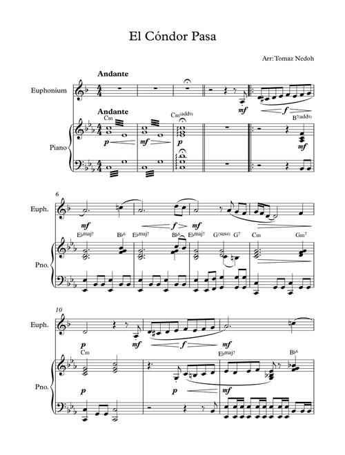 El Cóndor Pasa Euphonium Treble Clef and Piano (Arr. Tomaz Nedoh) (Euphonium and Piano)