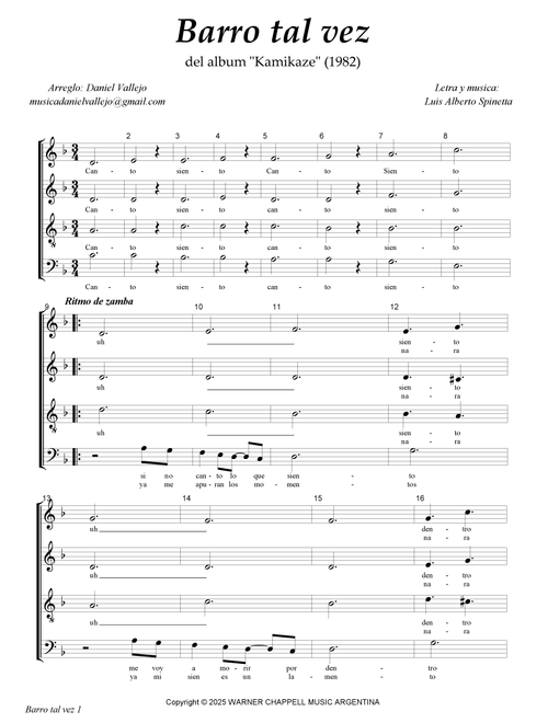Barro Tal Vez (Arr. Daniel Vallejo) - Luis Spinetta (Choral, SATB divisi)