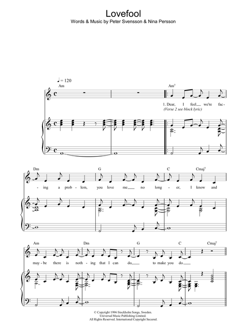 Lovefool - The Cardigans (Piano-Vocal-Guitar (Piano Accompaniment))