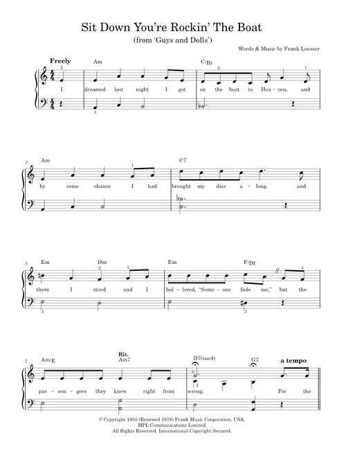 Sit Down You're Rockin' The Boat - Frank Loesser, Guys And Dolls Musical (Easy Piano)