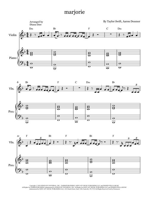 Marjorie (Arr. Diana Daw) - Taylor Swift (Violin and Piano)