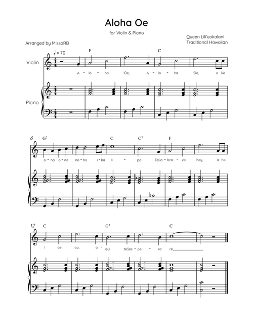 Aloha Oe - Violin & Piano in C Major Easy With Lyrics & Chords (Arr. MissoRB) - Queen Liliʻuokalani (Violin and Piano)