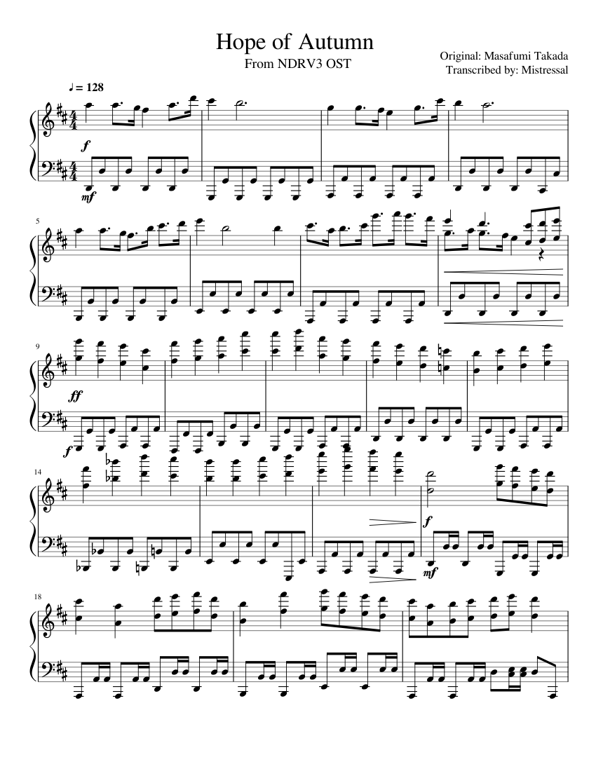 Danganronpa V3 OST - Hope of Autumn Sheet Music for Piano