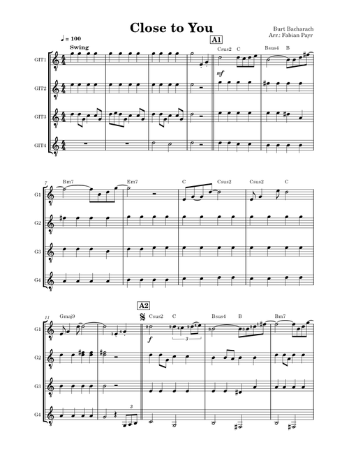 Close to You - for 4 guitars
