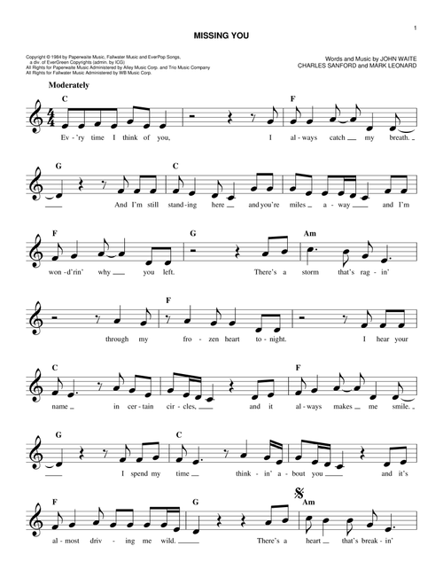 Missing You - Brooks & Dunn, John Waite (Easy Lead Sheet - Fake Book)