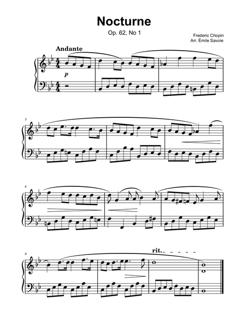 Nocturne in B major, Op. 62, No. 1 (Arr. Émile Savoie) - Frédéric Chopin (Piano Solo)