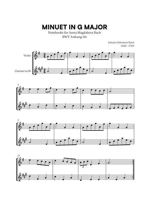 Johann Sebastian Bach - Minuet in G Major (BWV Anh. 116) (for Violin and Clarinet) (Arr. Cadenza Editions) (Instrumental Duet)