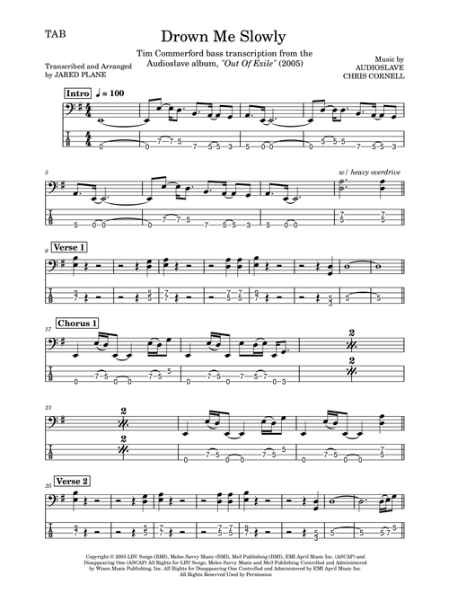 Drown Me Slowly (Arr. Jared Plane) - Audioslave (Bass Tab)