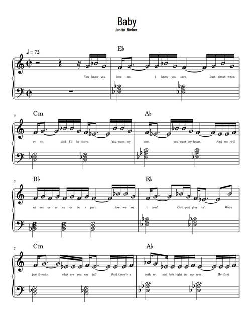Baby (Arr. Unknown) - Justin Bieber Featuring Ludacris (Easy Piano)