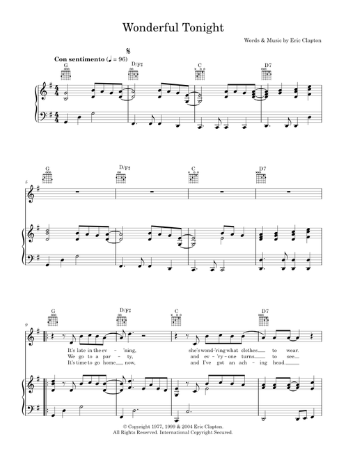 Wonderful tonight - Eric Clapton (Piano-Vocal-Guitar (Piano Accompaniment))