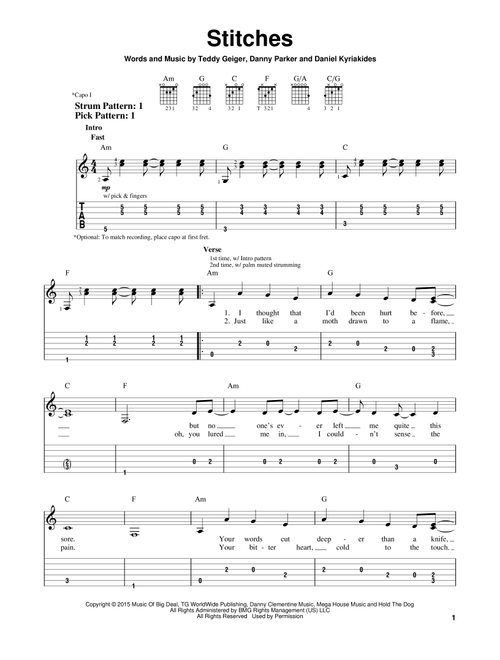 Stitches - Shawn Mendes (Easy Guitar with TAB)