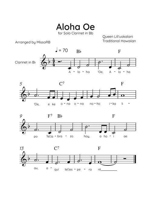 Aloha Oe - Solo Clarinet in Bb in Eb Major Easy With Lyrics & Chords (Arr. MissoRB) - Queen Liliʻuokalani (Clarinet Solo)