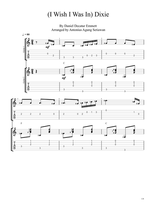 I Wish I Was In Dixie (Arr. Antonius Agung Setiawan) - Daniel Decatur Emmett (Guitar Tab)