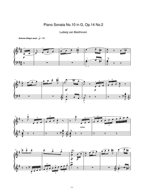 Piano Sonata No.10 in G, Op.14 No.2 (Arr. Ludwig Van Beethoven) (Piano Solo)