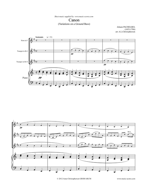 Pachelbel's Canon - 2 Trumpets, French Horn and Piano (Arr. Anne L Christopherson GRSM ARCM) - Pachelbel, Johann (Small Ensemble)
