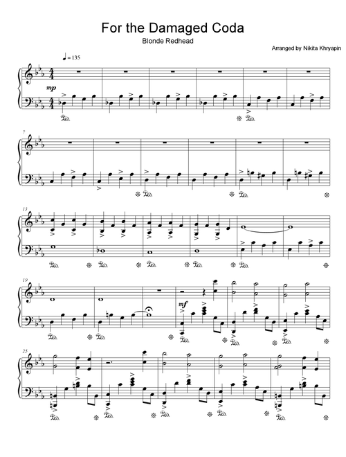 For the Damaged Coda - Piano Arrangement - Intermediate Difficulty (Arr. Nikita Khryapin) - Blonde Redhead (Piano Solo)