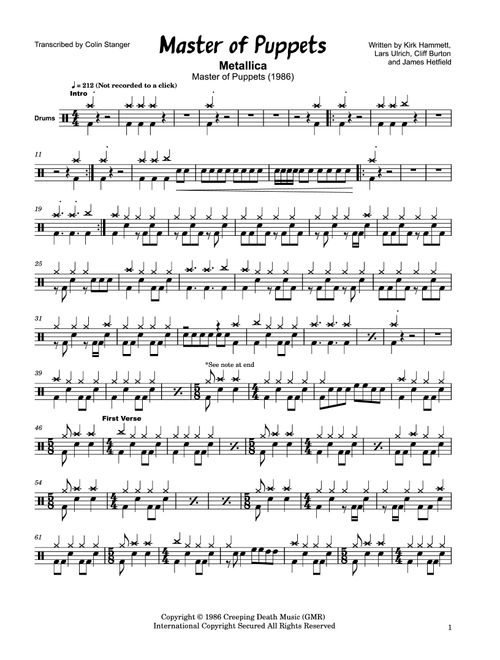 Master Of Puppets (Arr. Colin Stanger) - Metallica (Drums)
