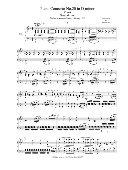Mozart - Piano Concerto No.20 in D minor K 466 - Complete Piano version (Arr. Santino Cara) - Mozart Wolfgang Amadeus (Piano Solo)