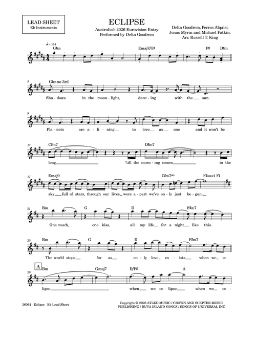 Eclipse (Arr. RUSSELL T. KING) - Ferraz, Delta Goodrem, Jonas Myrin (Lead Sheet - Fake Book)