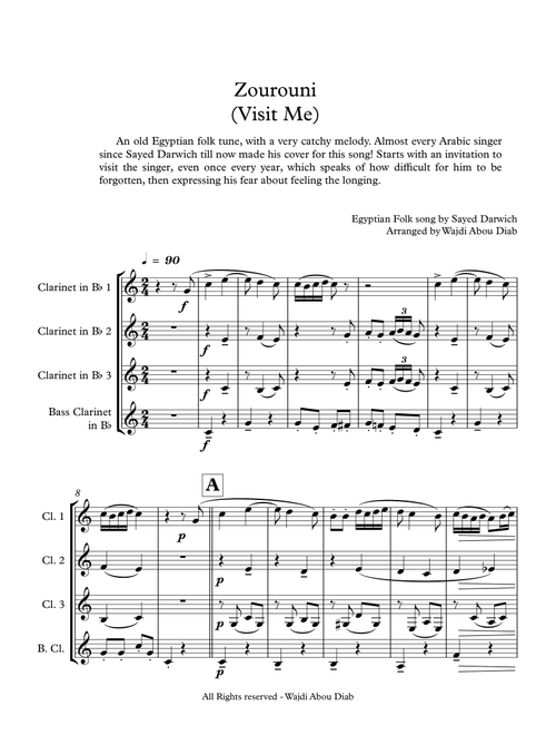 Zourouni (Arabic Song) - Clarinet Quartet (Arr. Wajdi Abou Diab) - Sayed Darwich (Woodwind Ensemble)