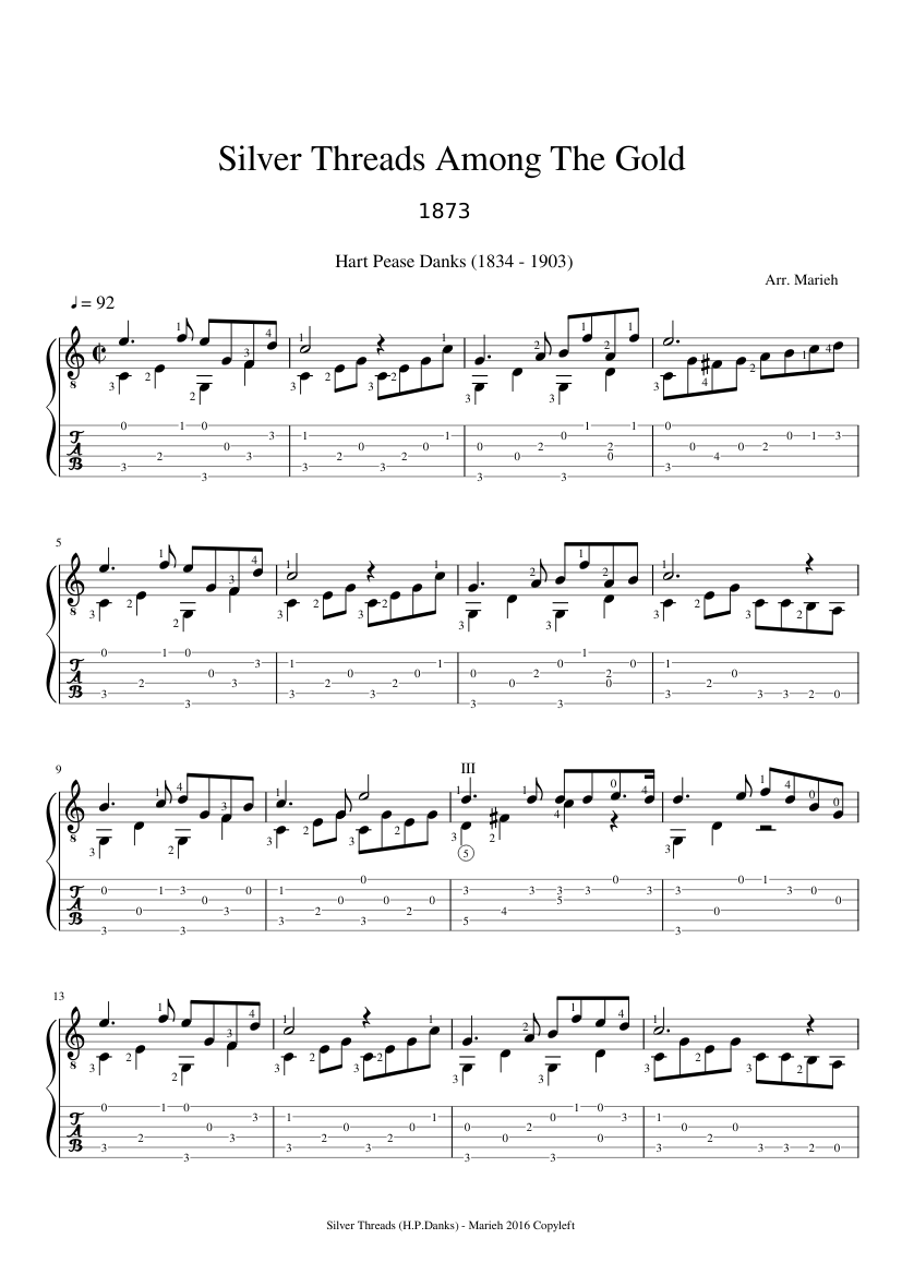 Feudo Similar Alegre Silver Threads Among The Gold - Hart Pease Danks (1834 - 1903) Tablature Sheet  music for Guitar (Mixed Duet) | Musescore.com
