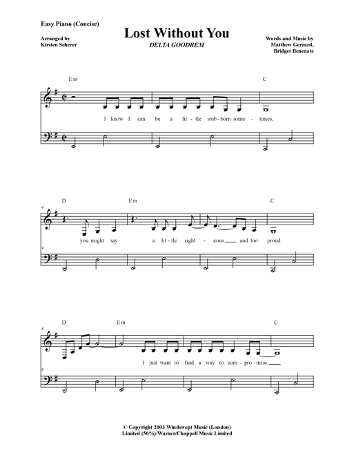 Lost Without You (Arr. Kirsten Scherer) - Delta Goodrem (Easy Piano)