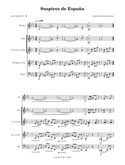 Suspiros de España (flute, oboe, clarinet, horn and bassoon) – Antonio Álvarez Alonso