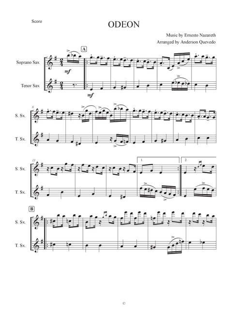 Odeon for Saxophone Duet (Bb) (Arr. Anderson Quevedo) - Ernesto Nazareth (Saxophone Duet)