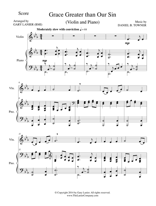 GRACE GREATER THAN OUR SIN (Violin/Piano and Violin Part) (Arr. Gary Lanier) - Daniel B Towner (Violin and Piano)